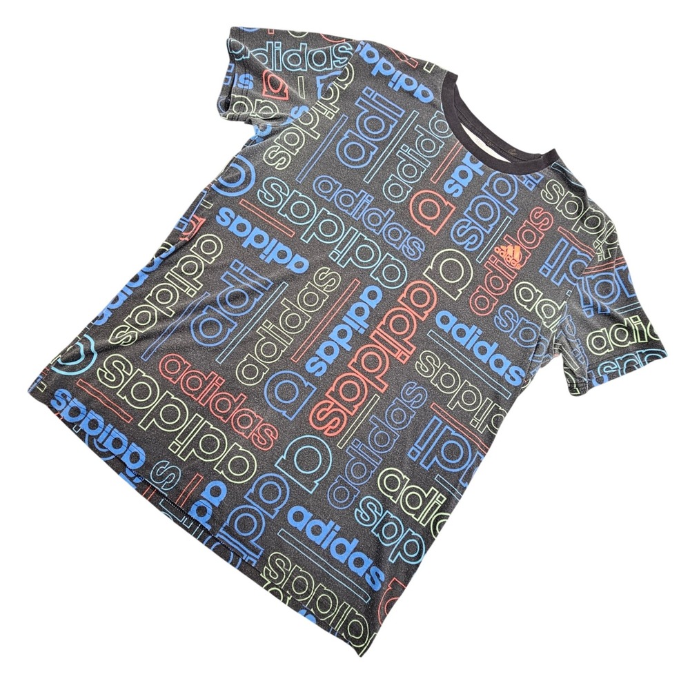 Adidas Youth Large 14/16 All Over Print Logo T-Shirt Multi-Color Graphic Tee